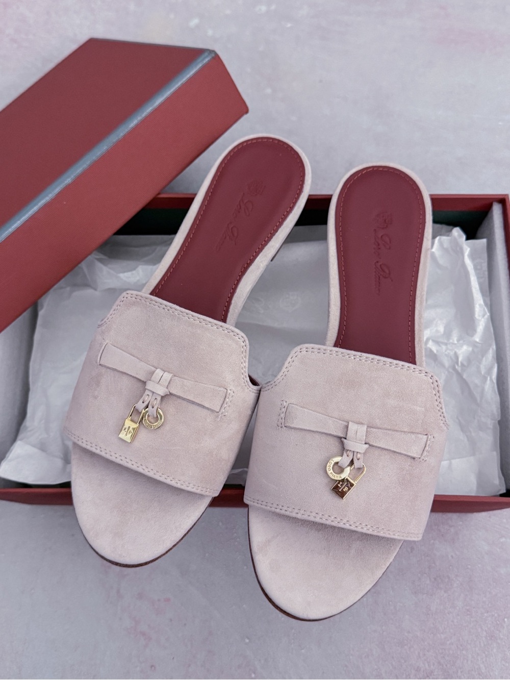 Loro Piana Summer Charms Suede Slides Sandals Sandstone Light Beige US8 EU38